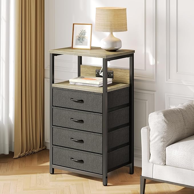 Seventable Night Stand with Charging Station, Tall Nightstand with 4 Fabric Storage Drawers, Side Table with LED Light for Bedroom, Entryway, Greige, Set of 2