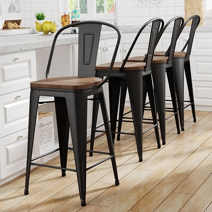 Yongqiang Black Metal Bar Stools Set of 4 Bar Height Stools Kitchen Island Barstools Industrial High Back Bar Chairs with Large Wooden Seat 30 inch