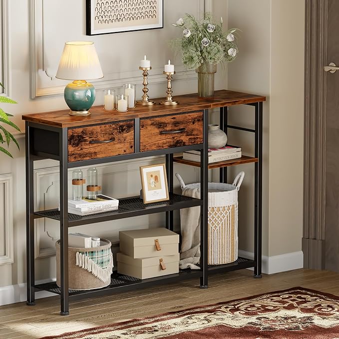 Furnulem Entryway Table 44'' Sofa Console Table with 2 Fabric Drawers, Industrial Entry Way Shoe Rack with Metal Mesh Shelf for Front Door, Hallway, Foyer Wooden Top, Sturdy Metal Frame, Rustic Brown