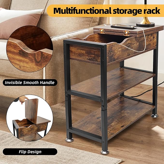 TooCust Flip Top End Table with Hidden Charging Station - 12" D×21" W×26" H Small Side Tables with Storage & Shelves, Compact Side Table for Small Spaces, Slim End Table with Charging Station, Brown