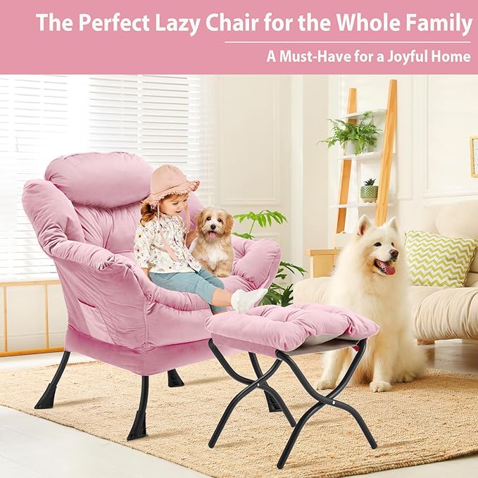 Lazy Chair with Folding Ottoman, Accent Chair Velvet Upholstered with Metal Structure and Non-Slip Pads, Sofa Armchair with Footrest and Side Storage Bag for Dorm, Room, Office, Pink
