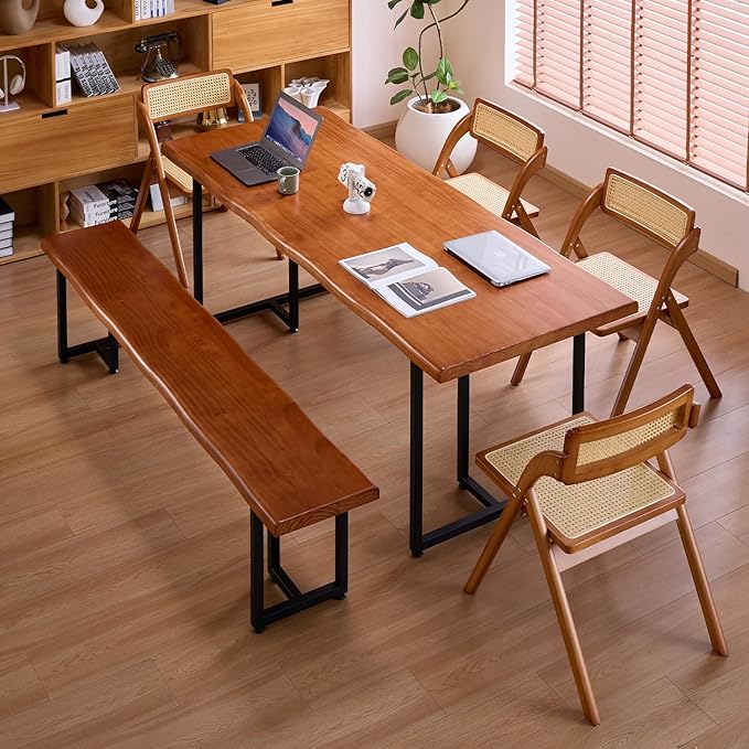 Solid Wood Administrative Desk, Dining Table with Durable Metal Legs, Uniquely Designed Leisure Table, Perfect for Restaurants and Home Offices, (Wood Brown, 70.87in)