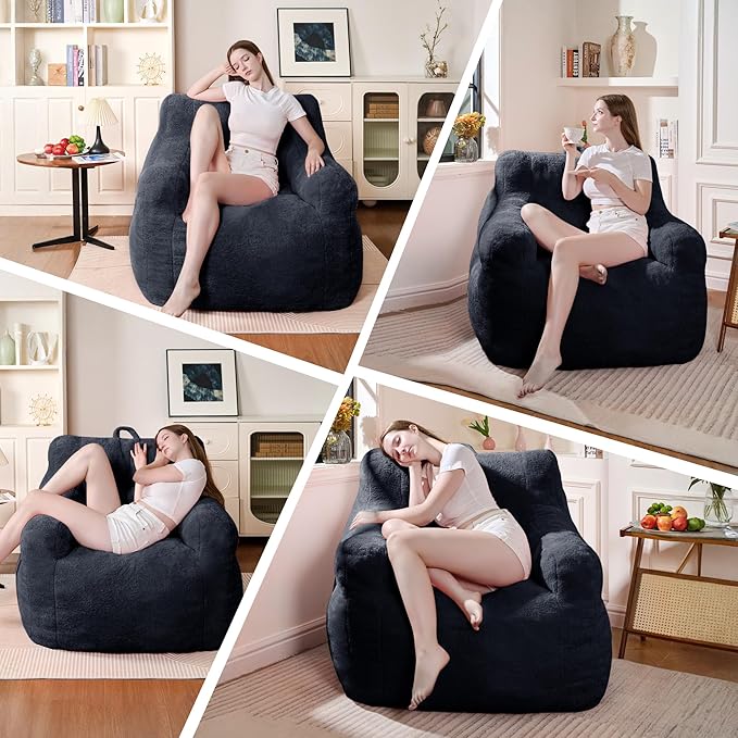 Blue Bean Bag Chair Ultra-Soft Faux Fur Large Bean Bag Couch - Plush Memory Foam BeanBag Chair with Filling, Bedroom Comfy Chair for Adults, Teens, Kids (Blue)