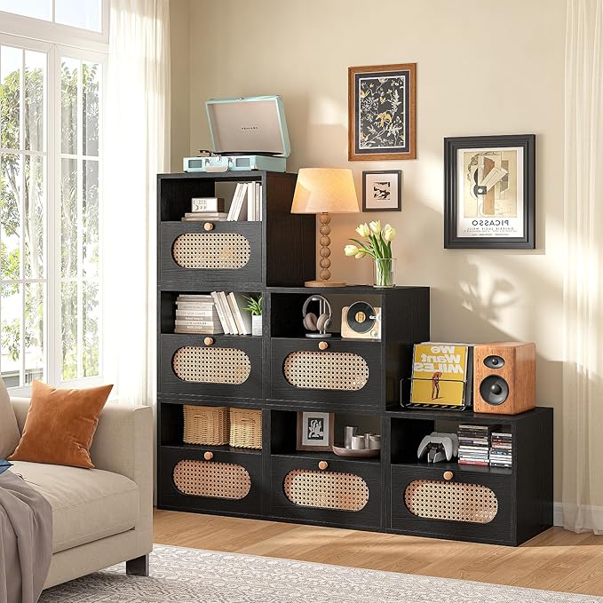 3-in-1 Modular TV Stand with Rattan Doors, DIY Media Console Boho Entertainment Center Modern TV Cabinet with Open Shelves,Black