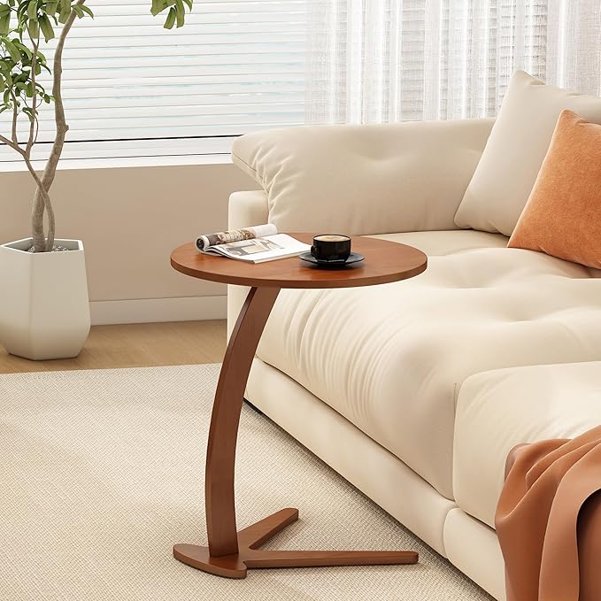 Wood Round Side Table: 17 '' Modern C Shaped End Table Nightstand with Natural Solid Wood, Small Bedside Table for Living Room, Bedroom, Farmhouse, Small Spaces (Large)