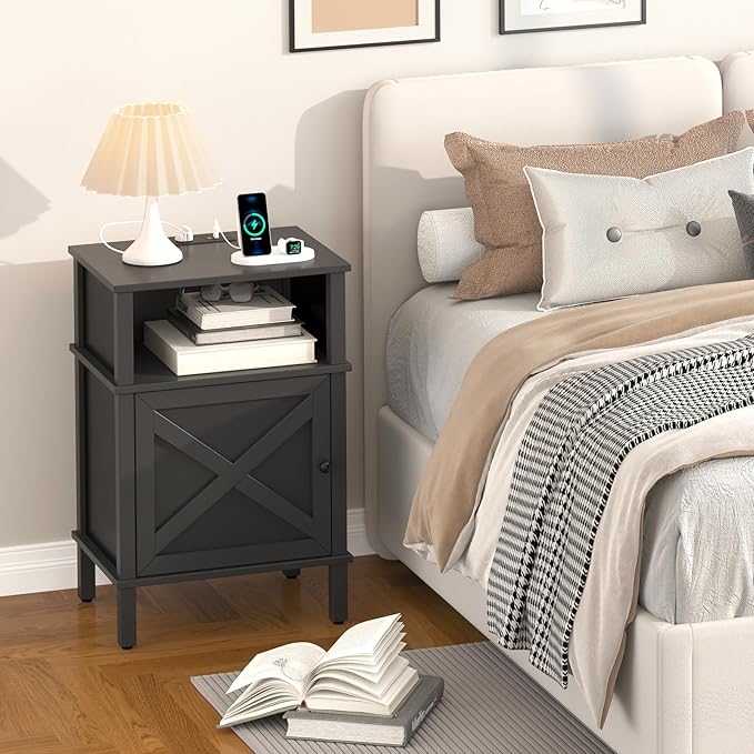 Nightstand with Charging Station, Farmhouse Nightstand, end Table with 2 Tiers Storage Space and Storage Cabinet, Sofa Side Tables for Bedroom, Living Room BZ0601BKE