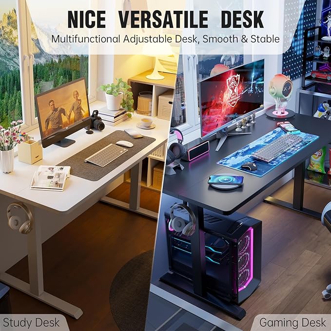 Veken 55 Inch Large Electric Standing Desk, 4 Memory Heights Adjustable,Sit to Stand Up, Work Home Office Computer Table for Study, Walking Pad, Writing, and Games, Wooden Desktop Desks, White