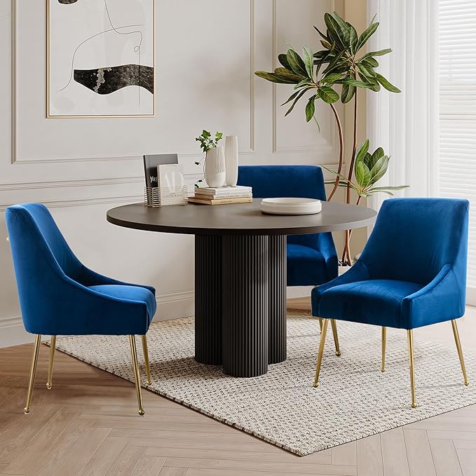 Modern Velvet Dining Chairs Set of 2, Contemporary Upholstered Furniture Collection with Polished Gold Metal Legs, Elegant Accent Chairs for Kitchen Living Room(Blue)