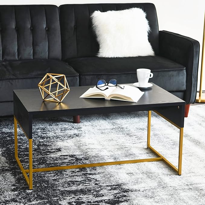 Household Essentials Wrap Rectangular Coffee Table Black Oak Wood Grain and Black Metal
