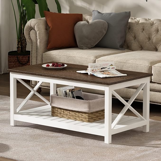 ChooChoo Coffee Table, Rustic Farmhouse Table with Shelf for Living Room, Vintage Finish White