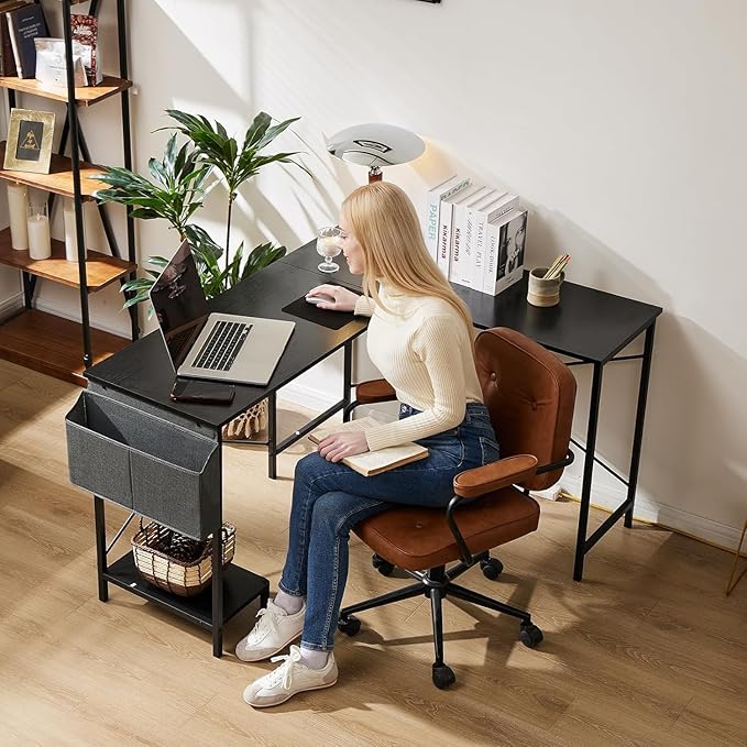 Whitmor L Shaped Gaming Desk - 50 Inch Reversible Corner Computer Desk with Wood Top, Metal Frame, CPU Stand & Side Bag, Home Office Dorm Sturdy Writing Workstation, Black