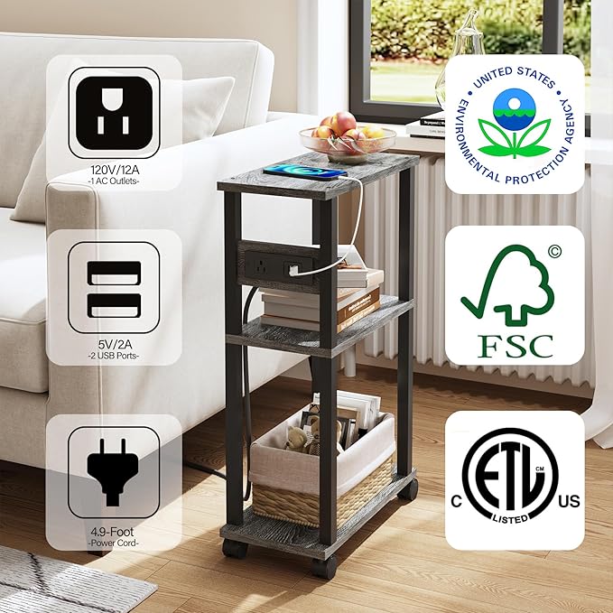 TUTOTAK Small Narrow Side Table with Charging Station, Set of 2, Skinny End Table for Small Spaces, Slim Nightstand with USB Ports and Outlet,Sofa Beside Table with Wheels, Charcoal Grey TB01BY047