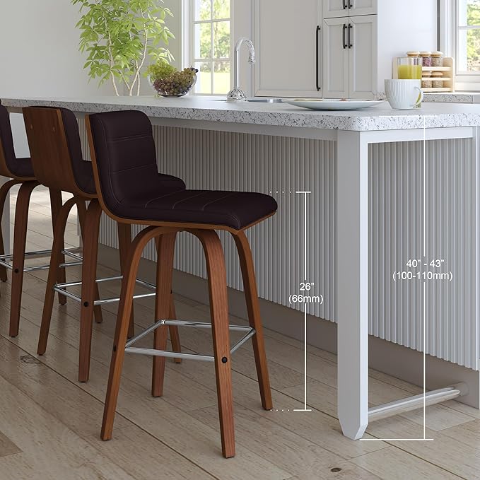 Armen Living Vienna 26" Swivel Counter Stool in Walnut Wood Finish with Brown Faux Leather - Set of 3
