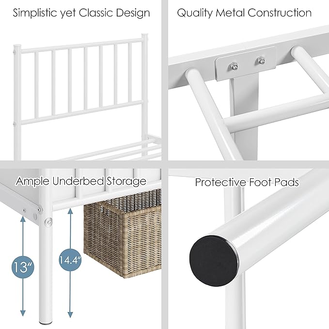 Yaheetech Twin Size Bed Frame Metal Platform Mattress Foundation with Spindle Headboard & Footboard/No Box Spring Needed/14 Inch Underbed Storage/Firm Support Easy Set up Structure, White