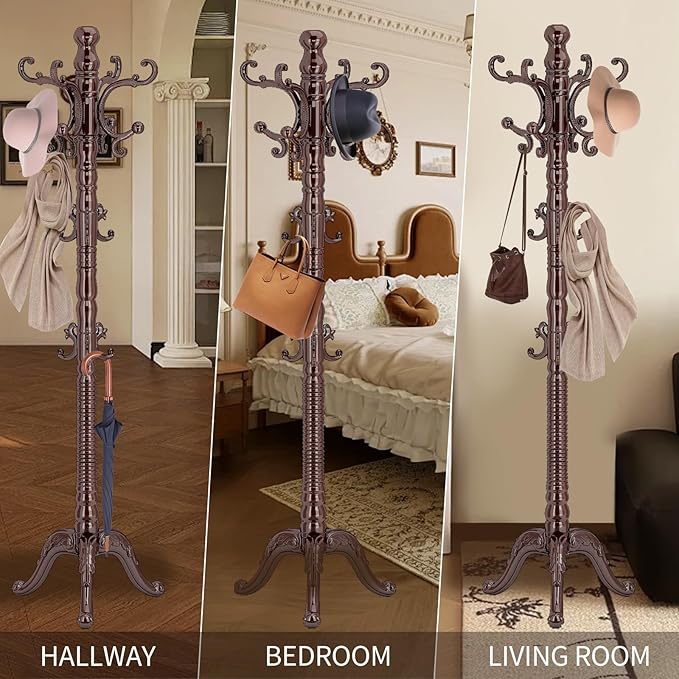 Wood Coat Rack Stand, Classic Wooden Coat Rack Freestanding with Sturdy Triangle Base, Vintage Coat Racks with 14 Hooks, Natural Birch Wood Entryway Corner Office Coat Hall Tree Hanger Stand
