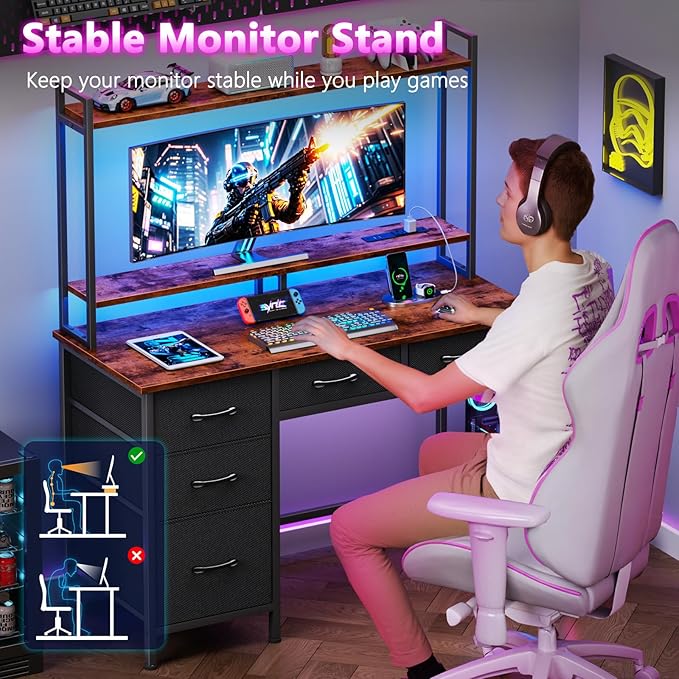 Computer Gaming Desk with Hutch, Home Office Desk with Power Outlets, LED Light, 5 Storage Drawers, 2 Tiers Shelves for Display, 39 Inch Modern Study Writing Table for Bedroom, Rustic Brown