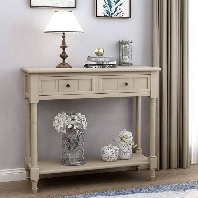 Bellemave Console Table with Drawers, Retro Entryway Table with 2 Drawers and Open Storage Shelf, Narrow Long Sofa Table, Behind Couch Table for Living Room, Foyer and Hallway, Retro Grey