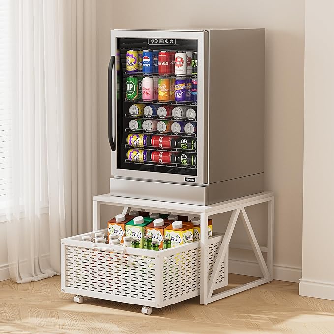 Urban Deco Mini Fridge Stand with Storage, Heavy Duty Fridge Cart with Drawer Basket, Mini Refrigerator Table for 220 LBS, Mobile Fridge Stand with Swivel Wheels for Dorm,Office,Home,White