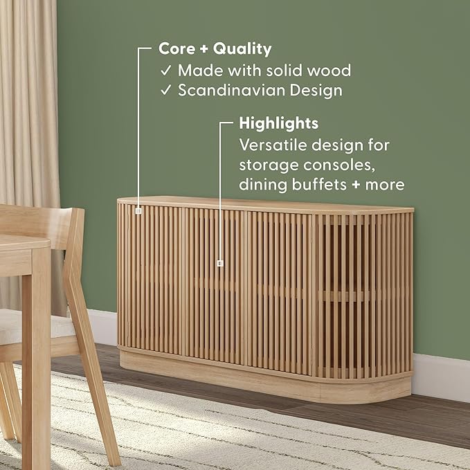 Plank+Beam Contour Wood TV Stand, Three Door Solid Wood Entertainment Console with Storage, 59" L x 16" W x 30" H, Blonde