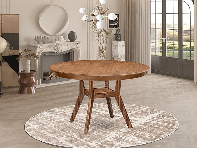 F58-0N-TP - Modern Dining Table with Acacia Wood Round Tabletop, Antique Walnut Finish