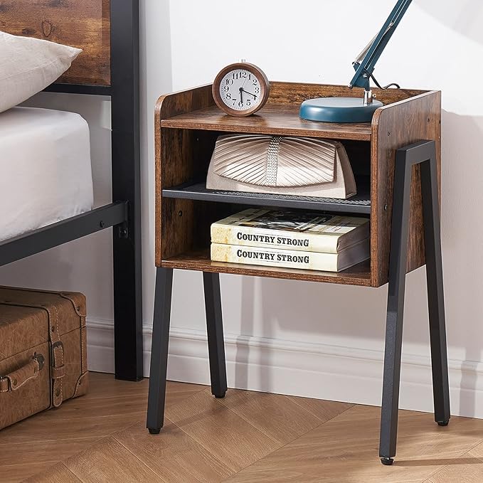 VECELO Nightstand Set of 2,Industrial End Table,Bedside Table with 2-Tier Open Storage Shelves,Wood Side Table with Metal Frame for Bedroom, Living Room,Small Spaces