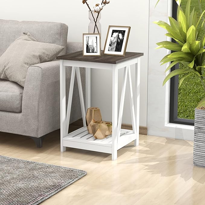 Farmhouse Square End Table, Accent Side Table with Slats Design, Sofa Side Table with Sturdy Frame for Living Room, Dark Grey