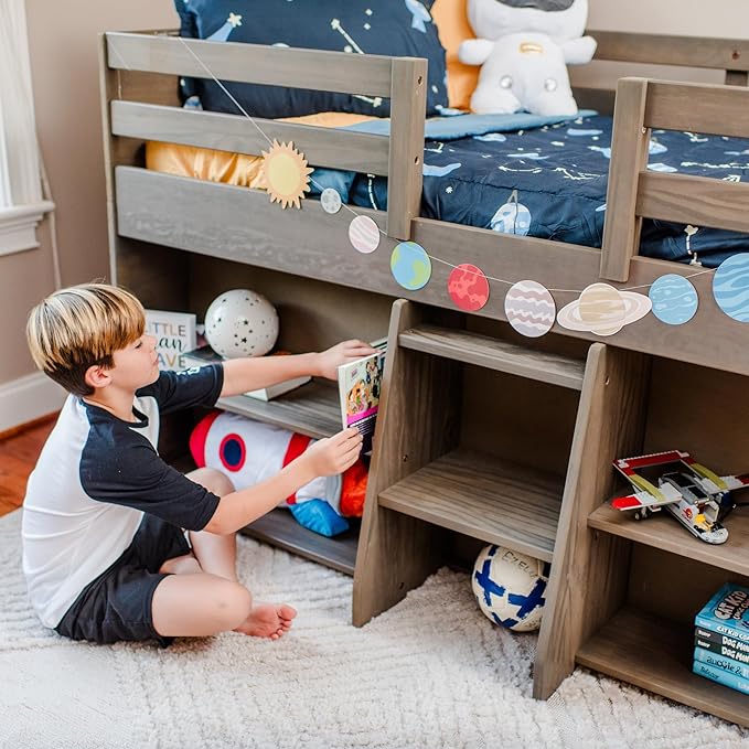 Max & Lily Modern Farmhouse Low Loft Bed, Twin Bed Frame for Kids with 2 Bookcases, Driftwood