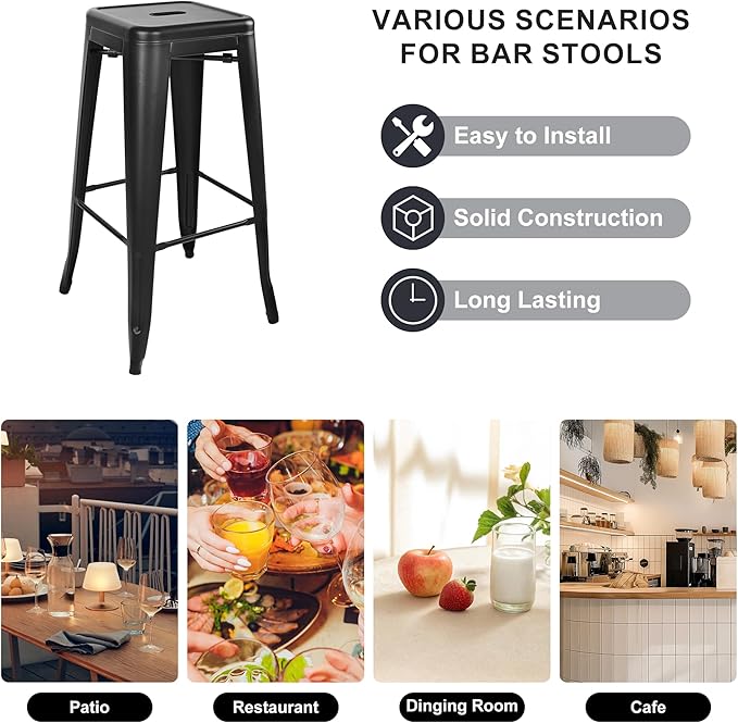 30 Inches Metal Bar Stools, High Backless Stools, Indoor Outdoor Stackable Kitchen Stools, Set of 4, Black