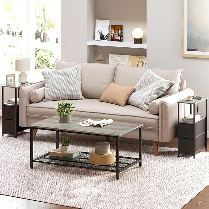 TUTOTAK Small Narrow End Table with Charging Station, Set of 2, Side Table with Outlets, Nightstand with 2 Cloth Drawers, Couch Table, for Living Room, Bedroom, Bedside, Greige TB01BG055