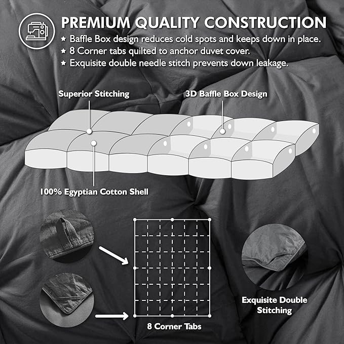 Luxurious All-Season Goose Down Feather Fiber Comforter Twin Size Duvet Insert, Exquisite Pinch Pleat Ruffled Twisted Flower, Premium Baffle Box, 100% Egyptian Cotton Cover, 50 oz. Fill Weight, Gray