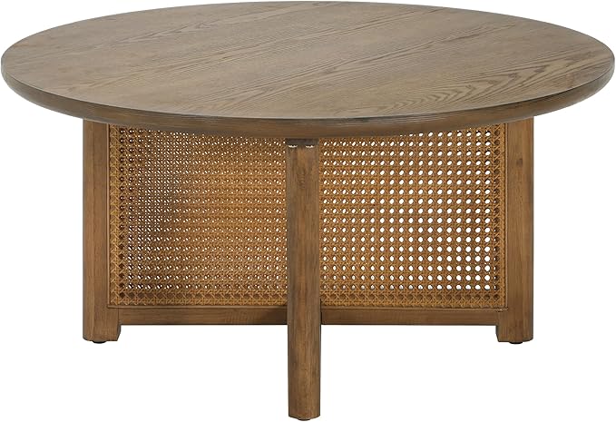Christopher Knight Home Kiaya Round Coffee Table with PE Woven Design, Wood Coffee Tables for Living Room, Stylish Indoor Round Table, Easy Assembly, Versatile Living Room Furniture, Natural Brown