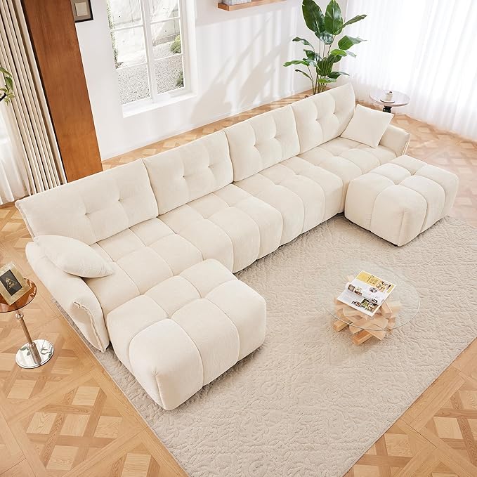 Modern Chenille Fabric 4-Seat Sofa w/Two Ottoman+2 Pillows, Premium Upholstery Living Room Couch with Tufted Backrest & Comfortable Armrests and High-Resilience Memory Foam Cushions,White