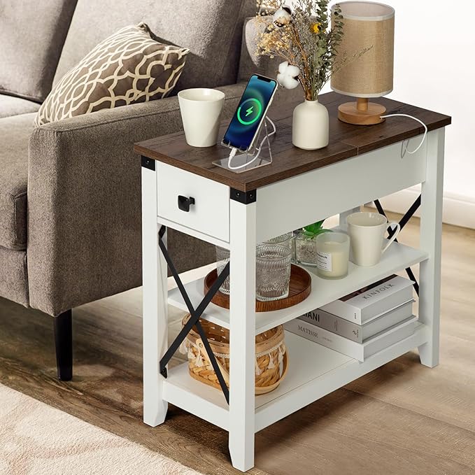 Narrow End Table with Charging Station - Farmhouse Slim Side Table, w/USB Ports Power Outlets, Nightstand w/Flip Top Storage Drawer, for Small Spaces Living Room Bedroom, Brown White