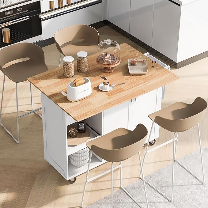 49" Foldable Kitchen Island Cart, White with Slide-Out Shelf, Towel Rack & Drawer, Rolling on Wheels, for Living & Dining Rooms