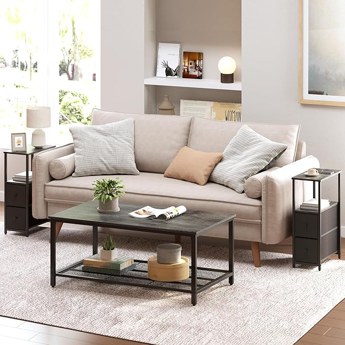 TUTOTAK Small Narrow End Table, Set of 2, Side Table, Nightstand with 2 Cloth Drawers, Couch Table, for Living Room, Bedroom, Bedside, Charcoal Grey TB01BY054