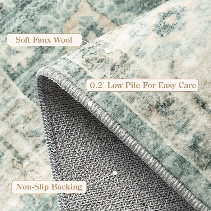 LIVEBOX Washable Area Rug 9x12 Rugs for Living Room Bedroom, Non-Slip Boho Indoor Carpet for Dining Room Office, Low-Pile Farmhouse Soft Carpets for Kids Nursery Playroom, Sage Green