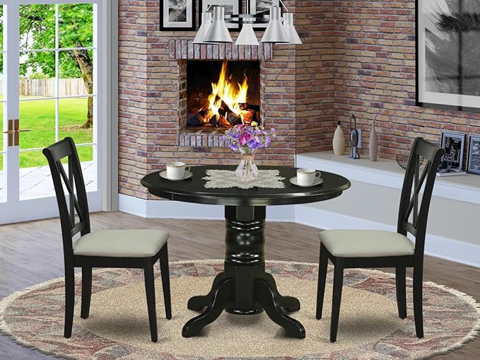 East West Furniture SHCL3-BLK-C 3 Piece Modern Dining Table Set Contains a Round Kitchen Table with Pedestal and 2 Linen Fabric Kitchen Dining Chairs, 42x42 Inch, Black