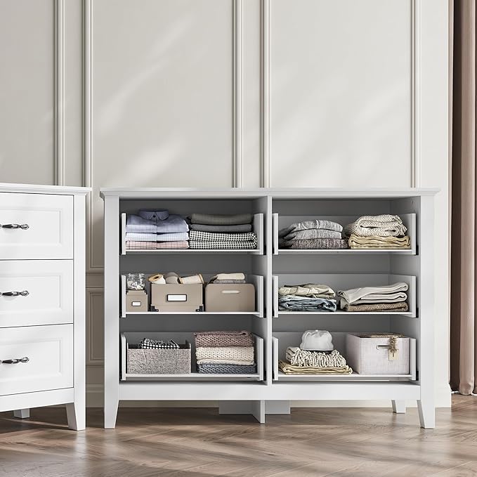 LINSY HOME 6 Drawers Dresser for Bedroom, 47" Wide Wooden Storage Chest with Antique Handles, Modern Farmhouse Dresser TV Stand with Wood Legs for Closet, Living Room, Hallway, White
