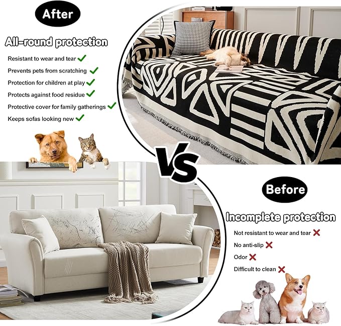 HANDONTIME Boho Armchair Slipcovers for Dogs - Black & Beige Chenille Couch & Sofa Covers for Recliner, Sectional - 59" X 71"