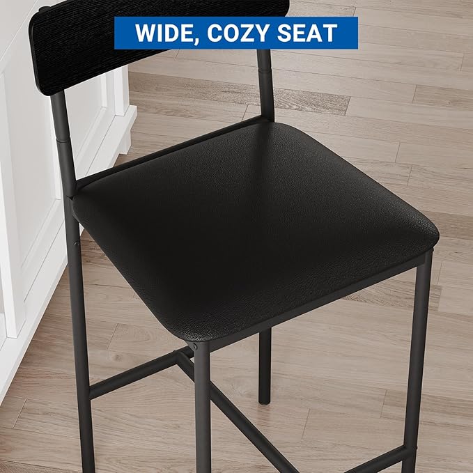 GarveeHome Bar Stools Set of 4, Upholstered Counter Height Bar Stools with Backrest and Footrest, Kitchen Barstools for Island, Counter Bar, Easy Assembly, Rustic Black