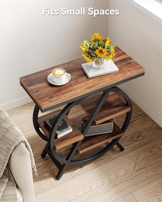 End Table, Narrow Side Table with 4-Tier Large Storage Space, Modern Bedside Table for Living Room, Home Office, Bedroom, Brown