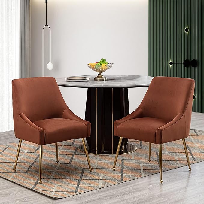 Modern Velvet Dining Chairs Set of 6, Contemporary Upholstered Furniture Collection with Polished Gold Metal Legs, Elegant Accent Chairs for Kitchen Living Room(Brown)