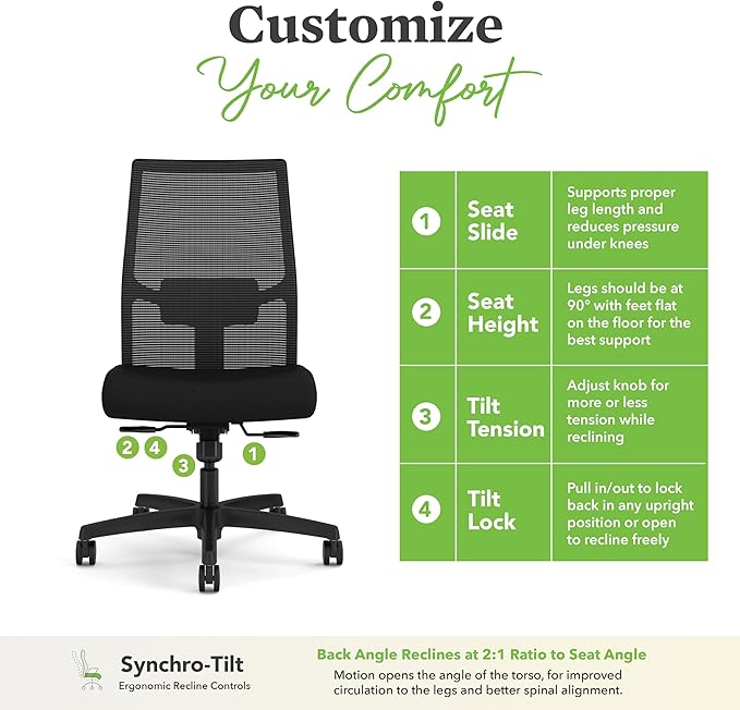 HON Ignition 2.0 Armless Ergonomic Office Chair, Adjustable Tilt, Swivel Wheels, Comfy for Long Hours, Home Office Desk Chairs, Black