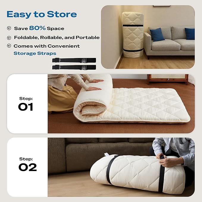 Japanese Floor Mattress, Roll Up Tatami Mat, Sleeping Pad, Shikibuton, CertiPUR-US Certified Foam Floor Bed Futon Mattress for Sleeping, Dormitory, Guest Bed, Designed in Japan(Queen)