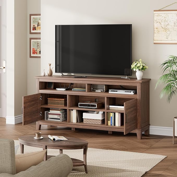 GarveeHome TV Stand for 63 in, Entertainment Center with Adjustable Shelves, Farmhouse TV Stand with Cabinet Doors,for Living Room, Bedroom (Brown, 63)