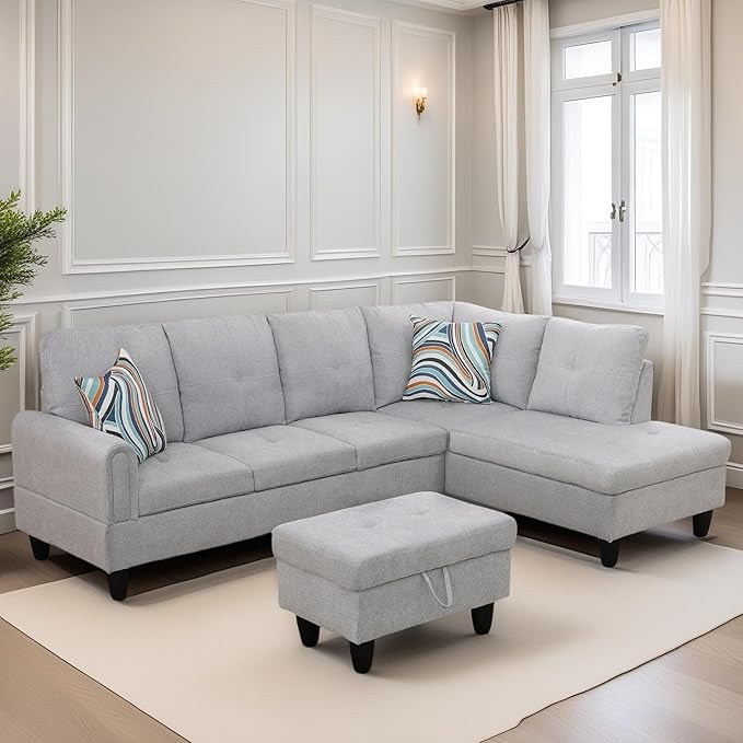 L Shaped Sectional Couches for Living Room, Modern Modular Sectional Sofa with Ottoman Storage, Comfy L Shaped Couch with Chaise for Bedroom Apartment Furniture, Gray