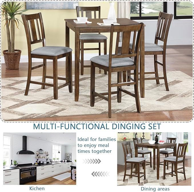 KEIKI 5-Piece Counter Height Dining Table Set with Square Table and 4 Upholstered Slatted Backrset Chair, for 4 Person, Modern Style Wooden Table Set, Easy Assembly, for Kitchen, Dining Room, Walnut