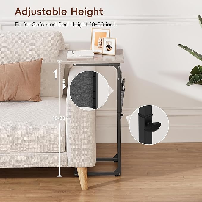 Vagusicc C Shaped End Table, 33" Tall Side Table for Couch, Adjustable Height Small Couch Side Table, Laptop Sofa Tables Slide Under Recliner Tables TV Tray Arm Tables for Living Room, Bedroom, Grey
