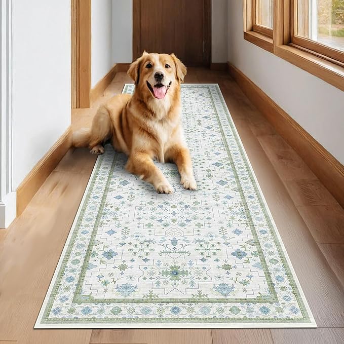 Oushak 3x16 Wide Hallway Runner Rug - Vintage Turkish Floral, Washable Low Pile Non Slip 16ft Extra Long Runners for Large Kitchen, Hall Way - Light Blue and Green Décor