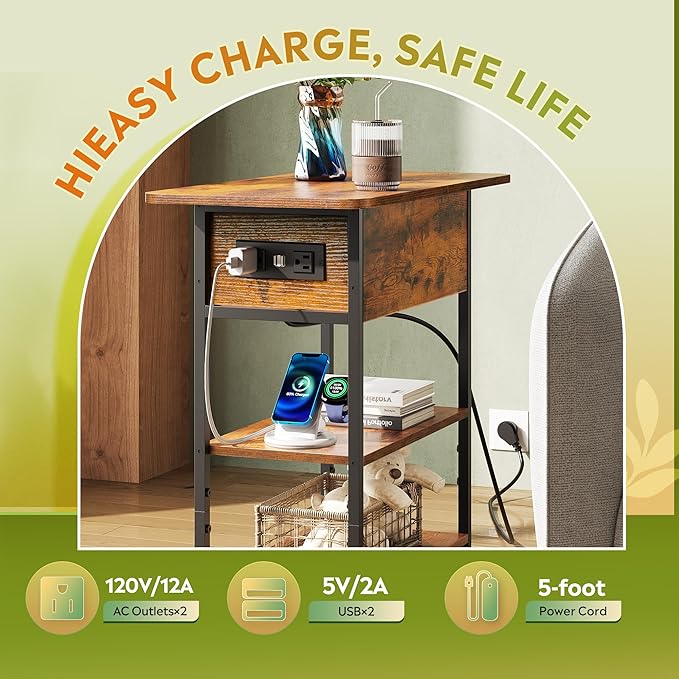 WLIVE End Table with Charging Station, Flip Top Side Table with Storage Shelf, Narrow Bedside Table for Living Room, Sofa Couch Table with USB Ports and Outlets, Bedroom Nightstand, Rustic Brown